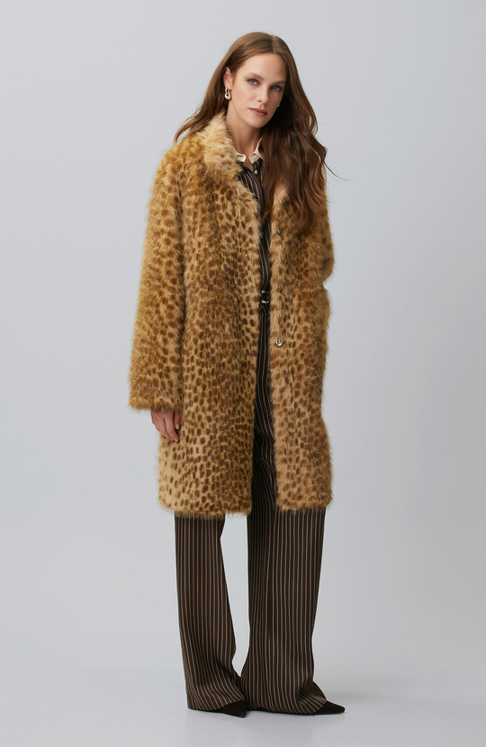 Beige Stand-Up Collar Faux Fur Coat
