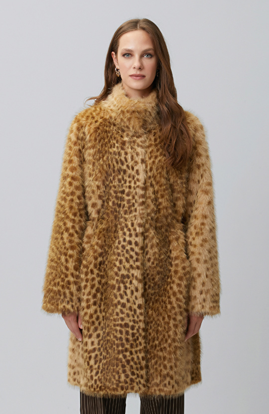 Beige Stand-Up Collar Faux Fur Coat