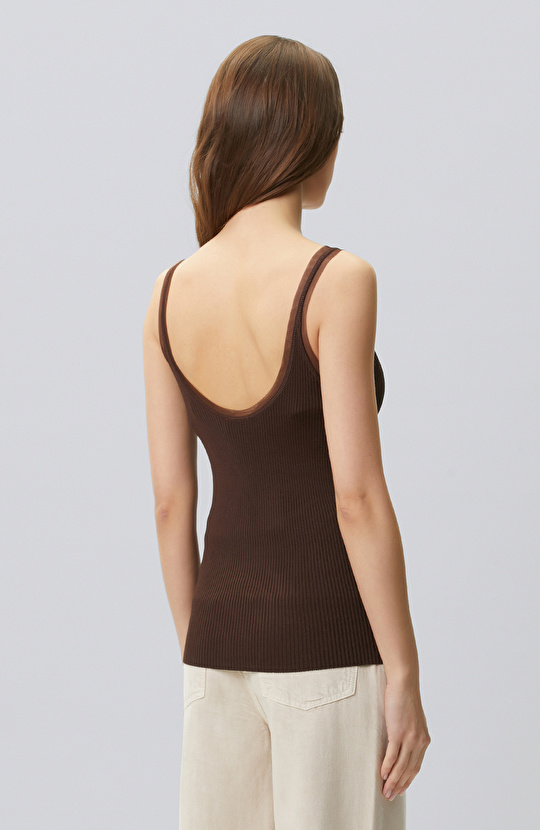 Kahverengi Tül Garni Detaylı Triko Atlet