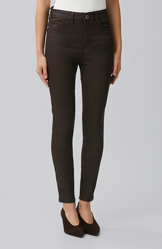 Kahverengi Kaplamalı Skinny Denim Pantolon