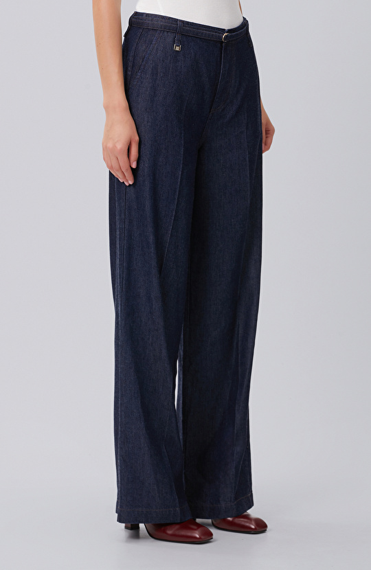 Lacivert Ütü İzli Wide Straight Denim Pantolon