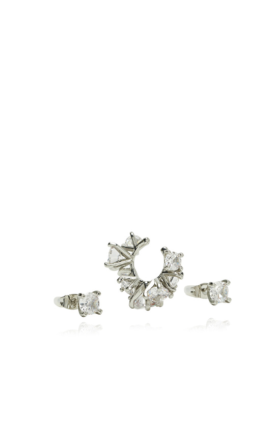 Silver Cufflı Kadın Küpe Seti