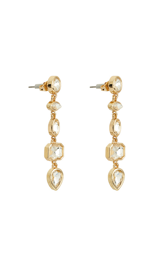 Gold Dangle Stone Detailed Women's Earrings
