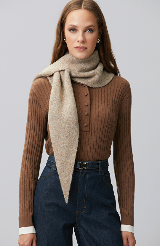 Gold Sequin Detailed Women's Knitted Scarf