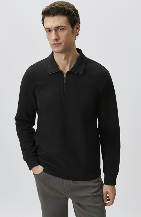Siyah Polo Yaka Fermuarlı Sweatshirt
