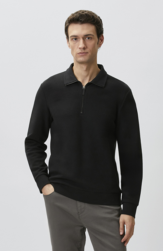 Siyah Polo Yaka Fermuarlı Sweatshirt