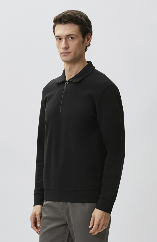 Siyah Polo Yaka Fermuarlı Sweatshirt