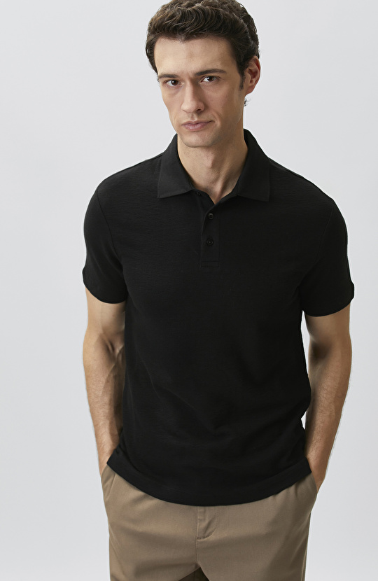 Siyah Jakarlı Polo Yaka T-shirt