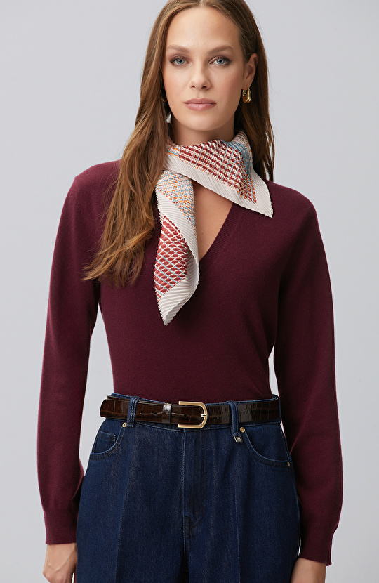 Limited Bordo V Yaka Kaşmir Triko Kazak