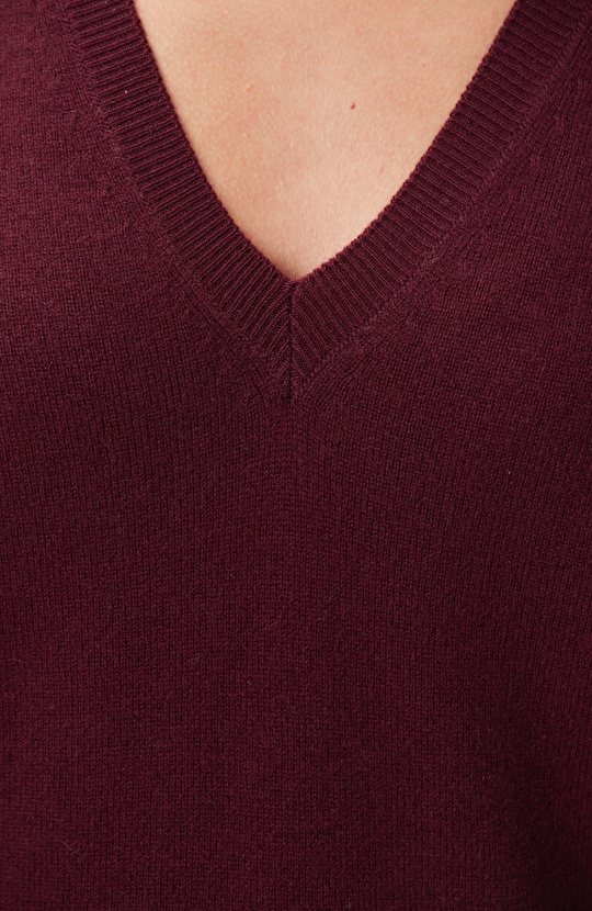 Limited Bordo V Yaka Kaşmir Triko Kazak