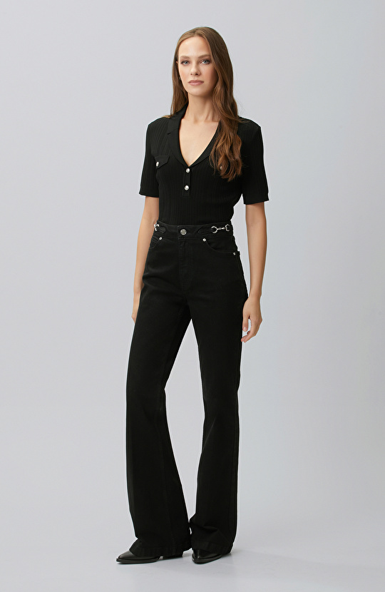 Black V Polo Collar Buttoned Short Sleeve Sweater