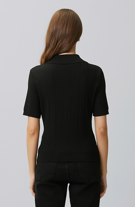 Black V Polo Collar Buttoned Short Sleeve Sweater