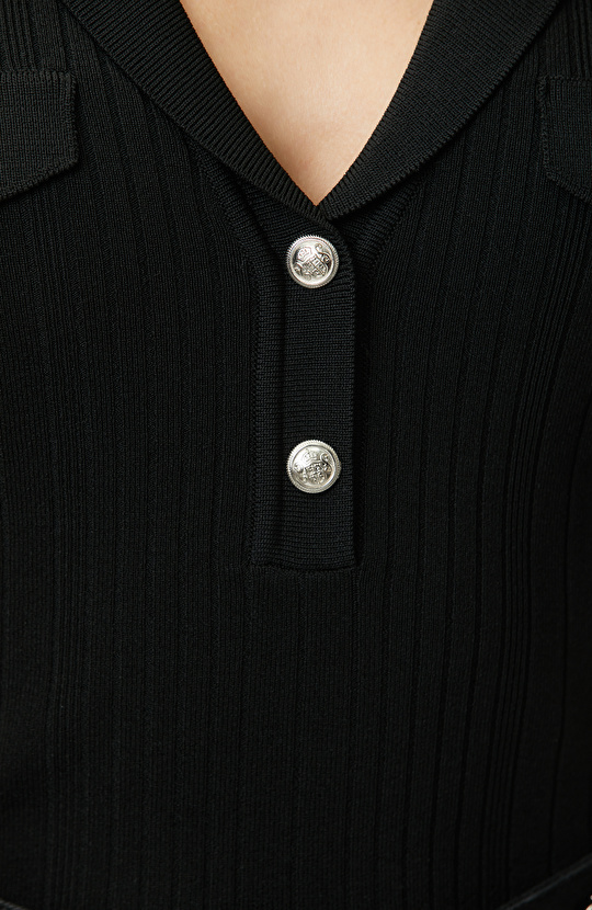 Black V Polo Collar Buttoned Short Sleeve Sweater
