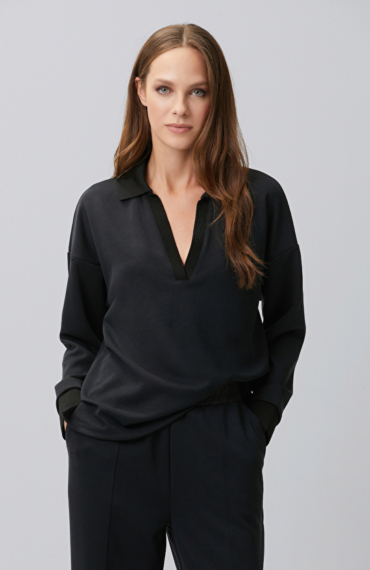 Siyah Modal Karışımlı Ribanalı Sweatshirt