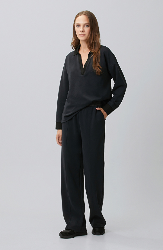 Siyah Modal Karışımlı Ribanalı Sweatshirt
