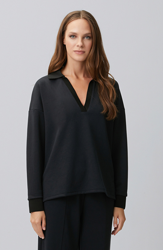 Siyah Modal Karışımlı Ribanalı Sweatshirt