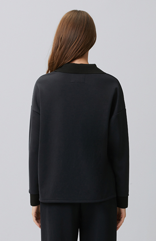 Siyah Modal Karışımlı Ribanalı Sweatshirt