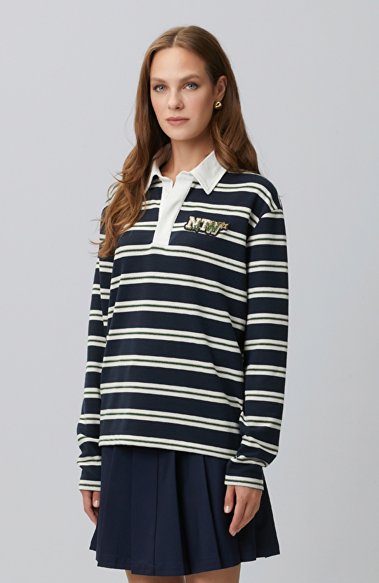Lacivert Beyaz Çizgili Polo Sweatshirt