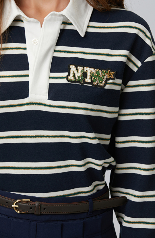 Lacivert Beyaz Çizgili Polo Sweatshirt