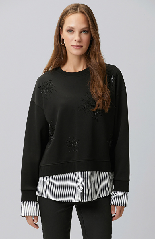 Siyah Taş Detaylı Dokuma Garnili Sweatshirt