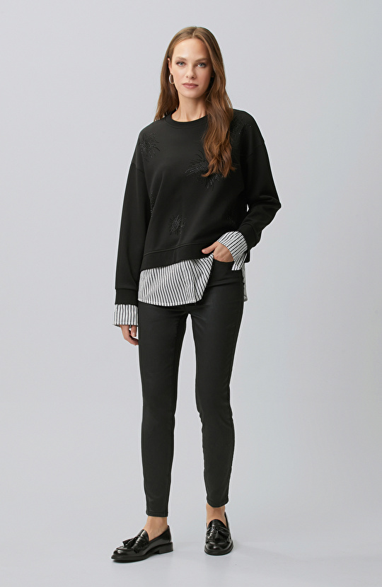 Siyah Taş Detaylı Dokuma Garnili Sweatshirt