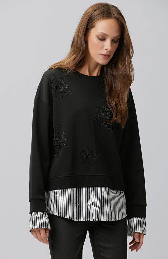 Siyah Taş Detaylı Dokuma Garnili Sweatshirt