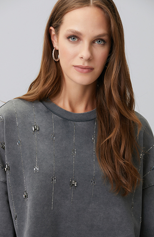 Antrasit Taş Detaylı Yıkamalı Sweatshirt