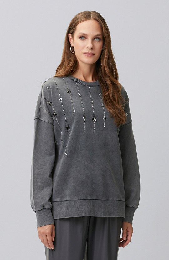 Antrasit Taş Detaylı Yıkamalı Sweatshirt