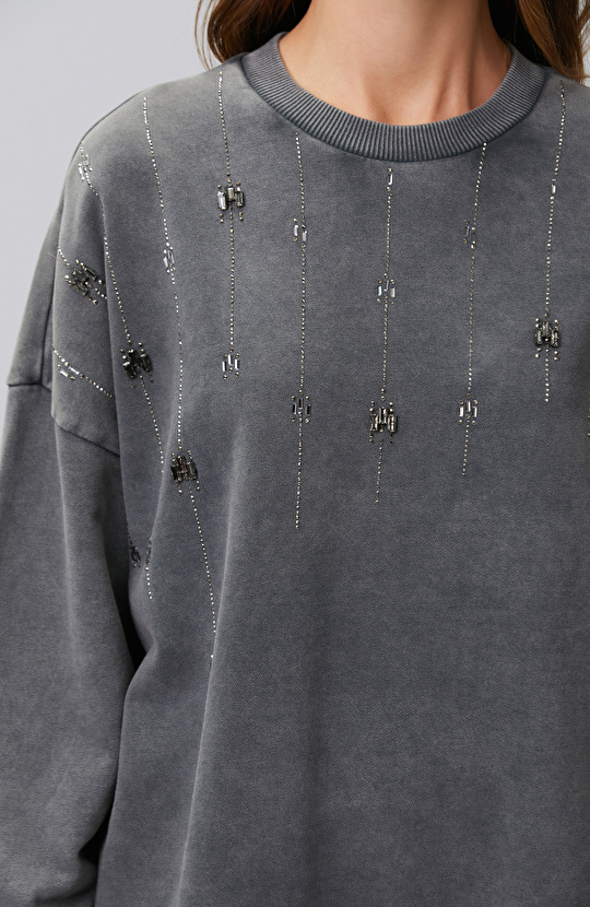 Antrasit Taş Detaylı Yıkamalı Sweatshirt