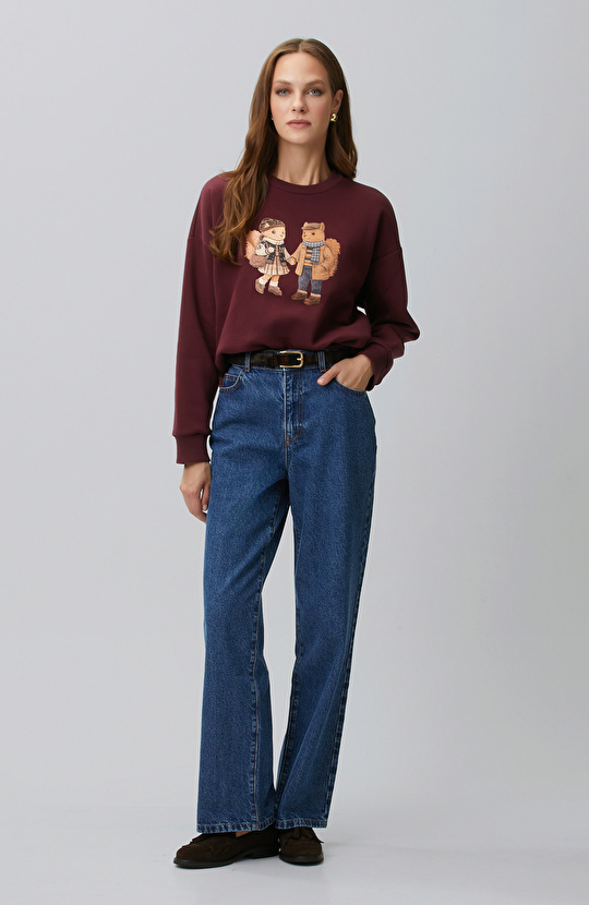 Bordo Sincap Figürlü Baskılı Sweatshirt