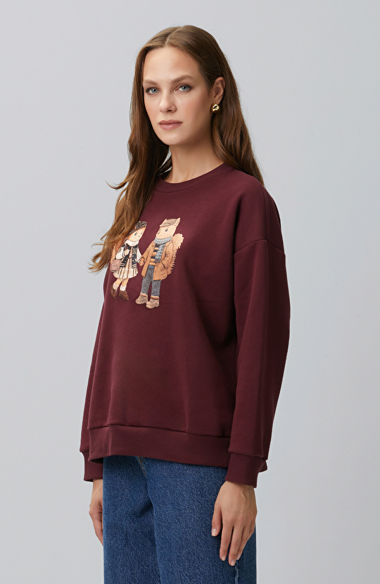 Bordo Sincap Figürlü Baskılı Sweatshirt