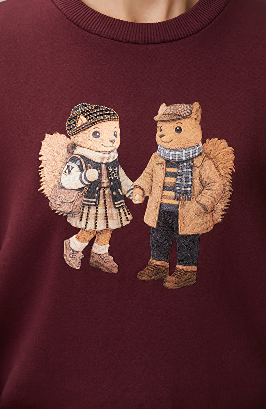 Bordo Sincap Figürlü Baskılı Sweatshirt