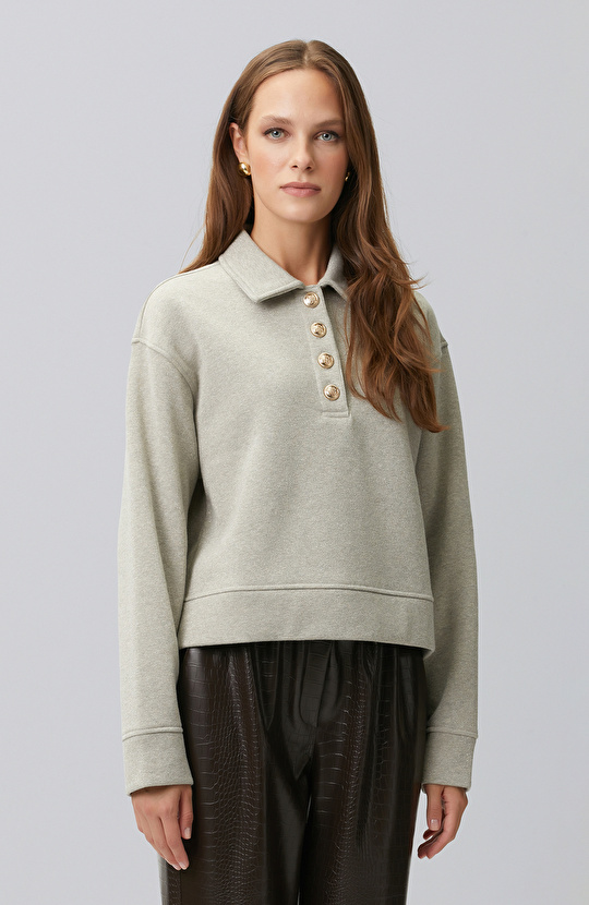 Mink Melange Polo Collar Silvery Sweatshirt