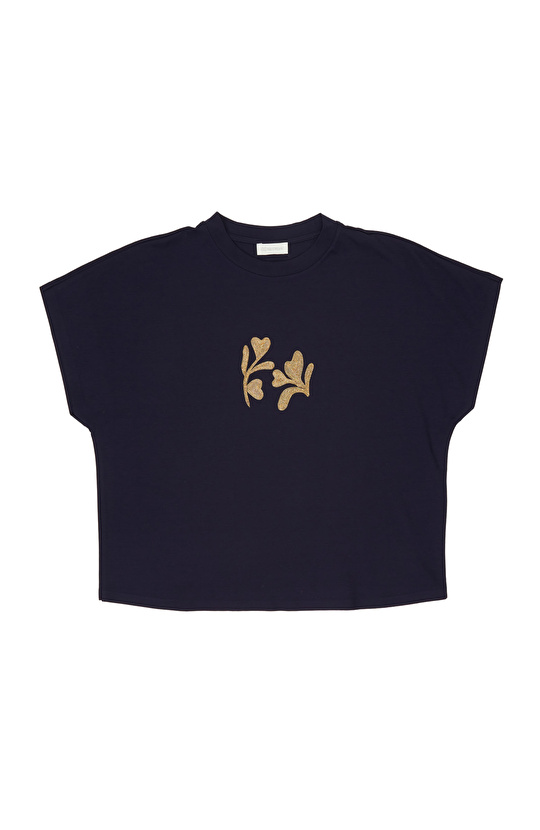 Lacivert Çiçek Taş İşlemeli T-shirt