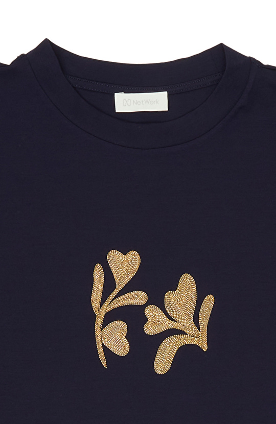 Lacivert Çiçek Taş İşlemeli T-shirt