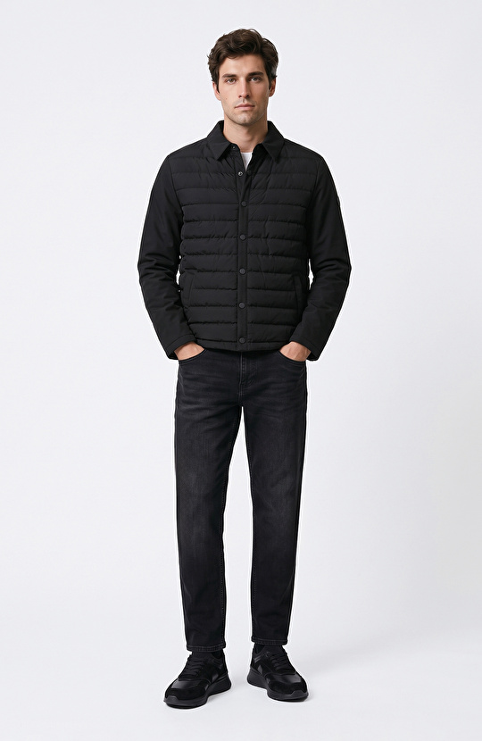 Black Quilted Shirt Collar Coat