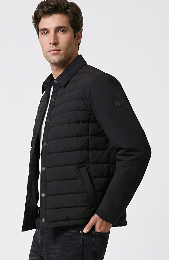 Black Quilted Shirt Collar Coat
