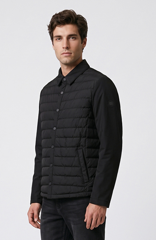 Black Quilted Shirt Collar Coat