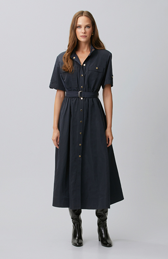 Lacivert Midi Tafta Elbise