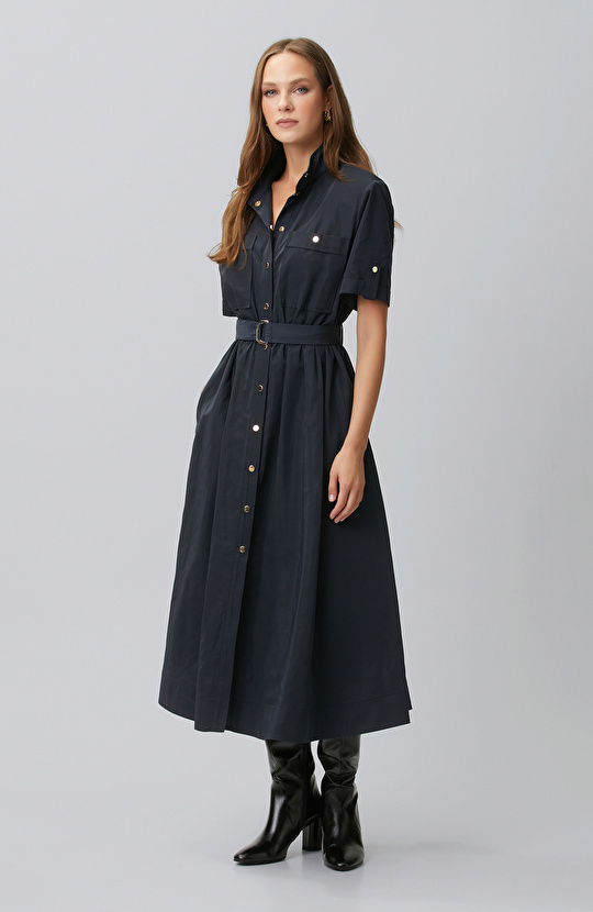 Lacivert Midi Tafta Elbise