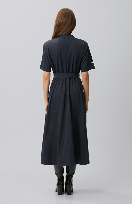 Lacivert Midi Tafta Elbise