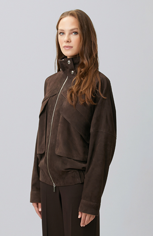 Limited Kahverengi Süet Deri Bomber Mont