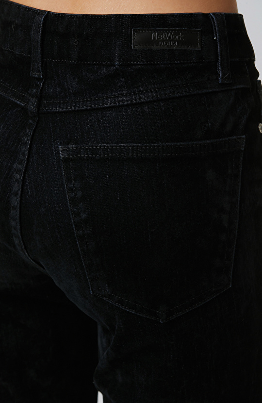 Siyah Flok Baskılı Denim Pantolon