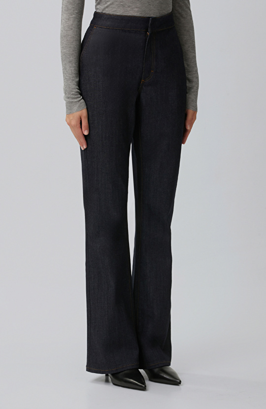 Koyu Indigo Mavi Flare Denim Pantolon