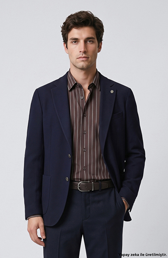 Slim Fit Lacivert Diyagonal Desen Yün Mix Ceket