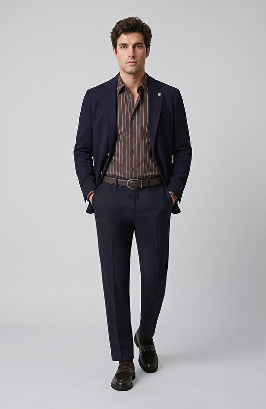 Slim Fit Lacivert Diyagonal Desen Yün Mix Ceket