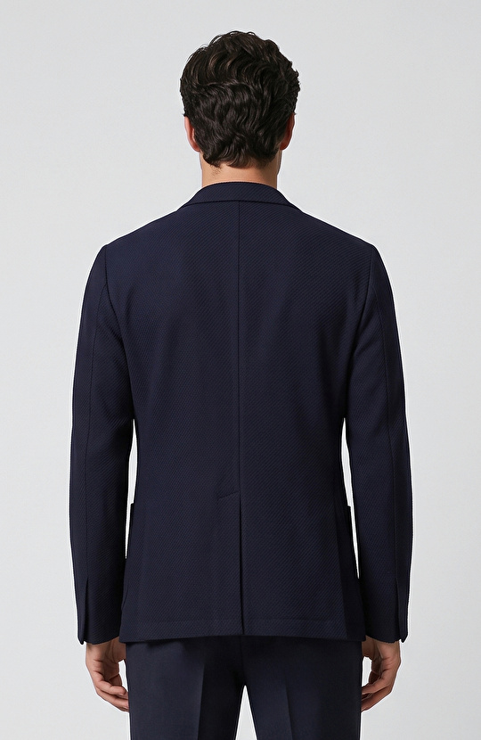 Slim Fit Lacivert Diyagonal Desen Yün Mix Ceket