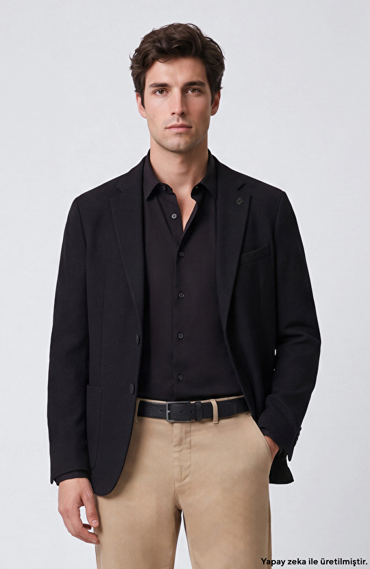 Slim Fit Siyah Diyagonal Desen Yün Mix Ceket