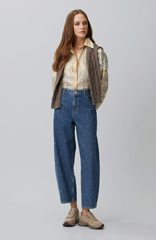 İndigo Barrel Fit Denim Pantolon