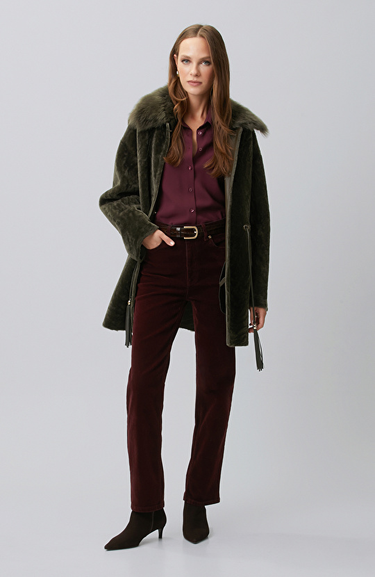 Bordo Straight Fit Kadife Denim Pantolon